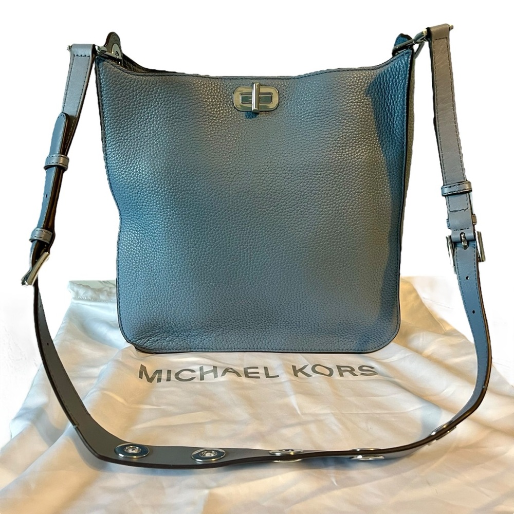 Michael Kors Sullivan Pebbled Leather Crossbody Messenger Bag Slate Blue 11" W